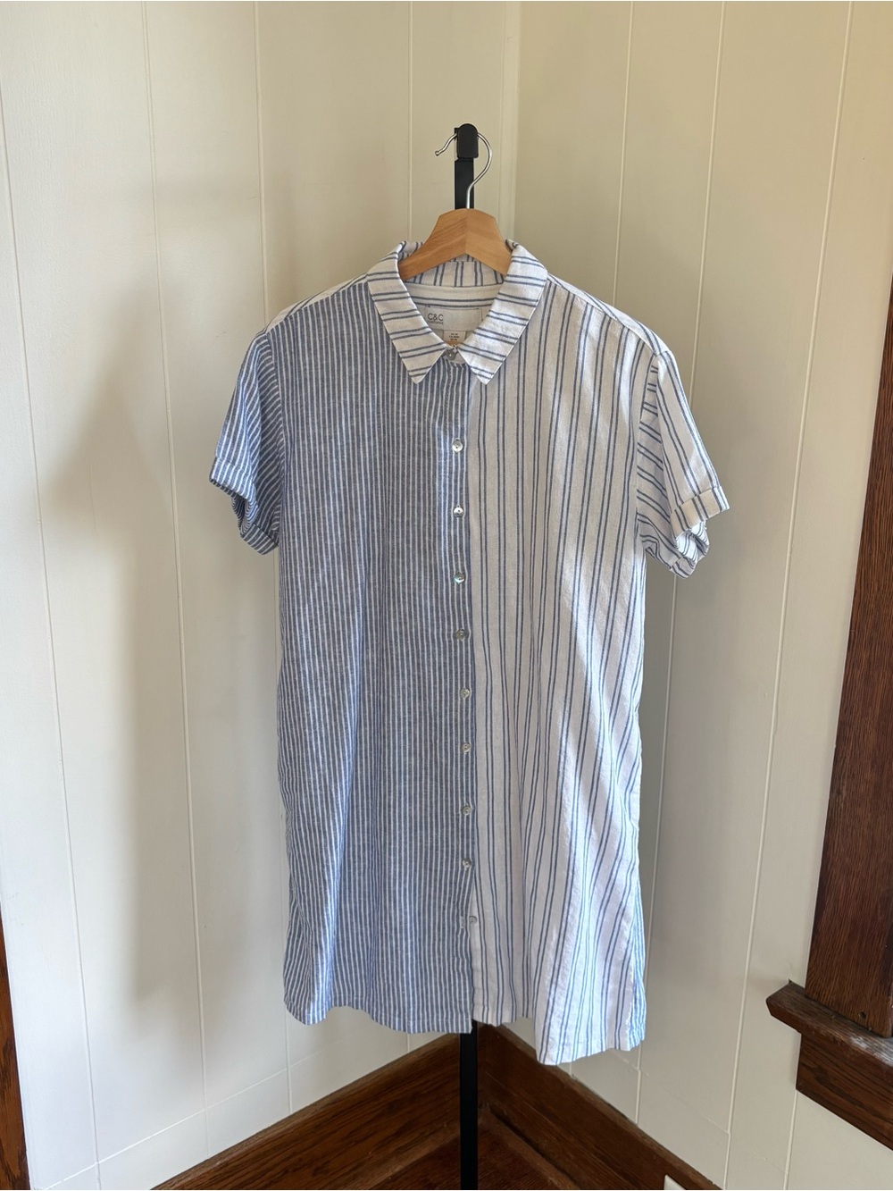 C&C California Stripe Linen Blend Shirt Dress Blue White Womens M NWT